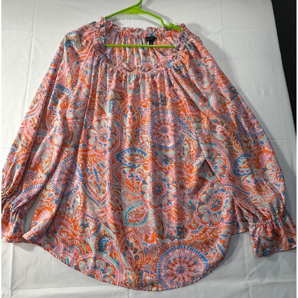 Talbots Pink Orange Paisley Medallion Smocked Cuff Peasant Blouse XL
